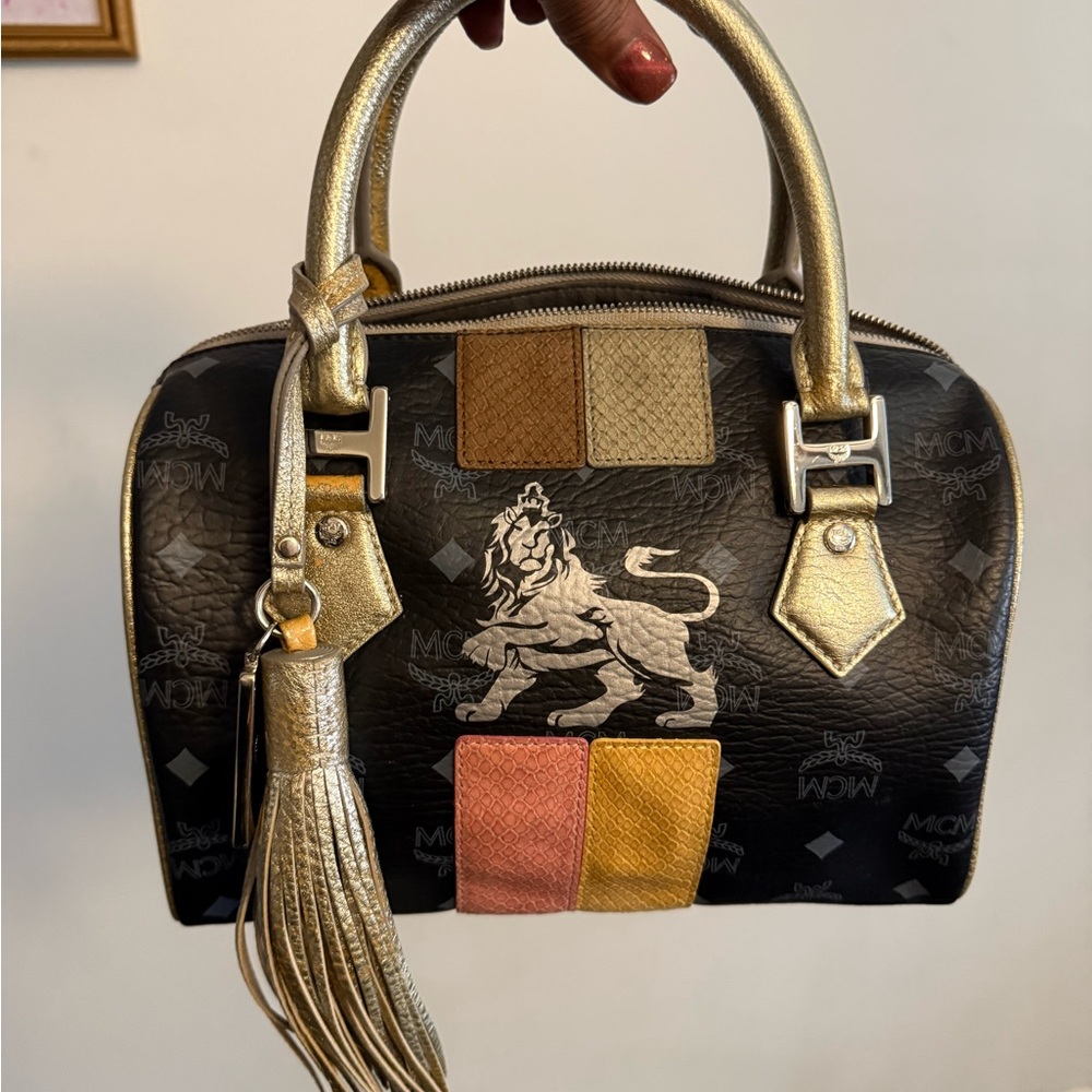 MCM Black and Gold Satchel with Multicolor Accents